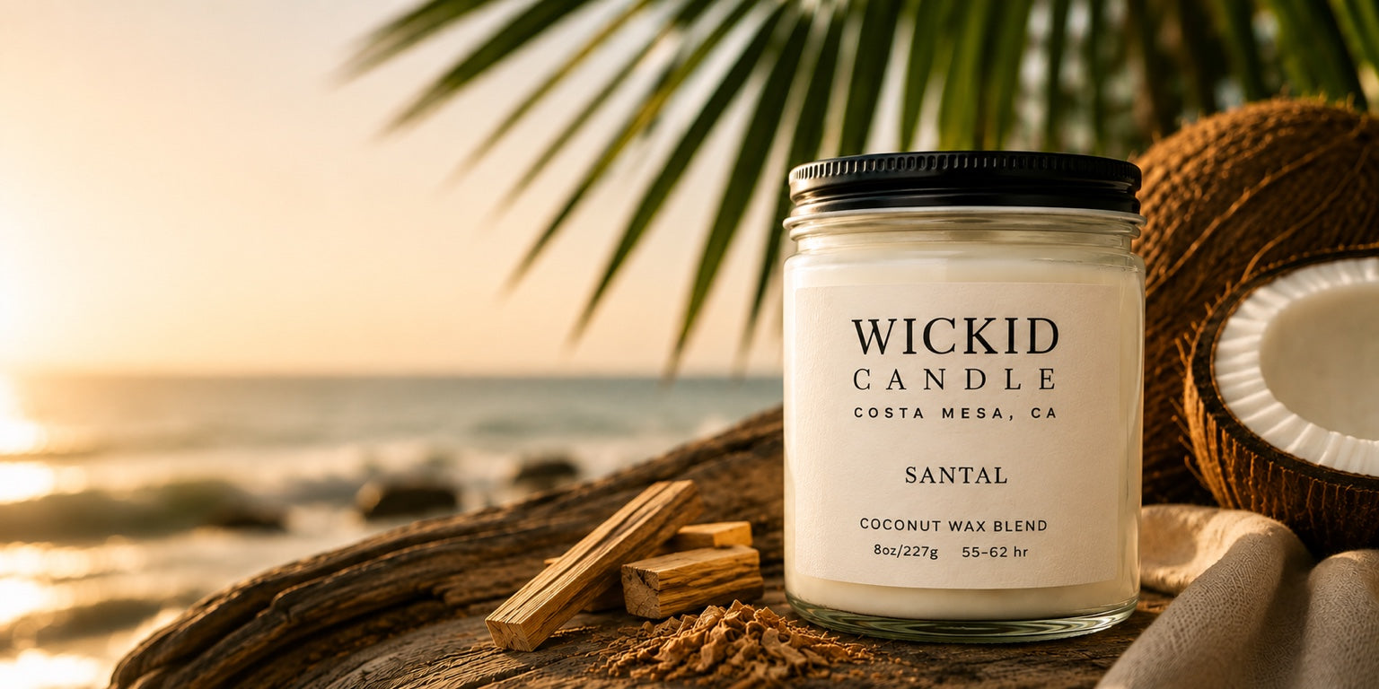 Wickid Santal candle with coconut and natural wood by the California coast