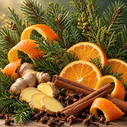 Holiday Bliss fragrance composition with orange peel, cinnamon, ginger, cypress, clove, pine, and fir