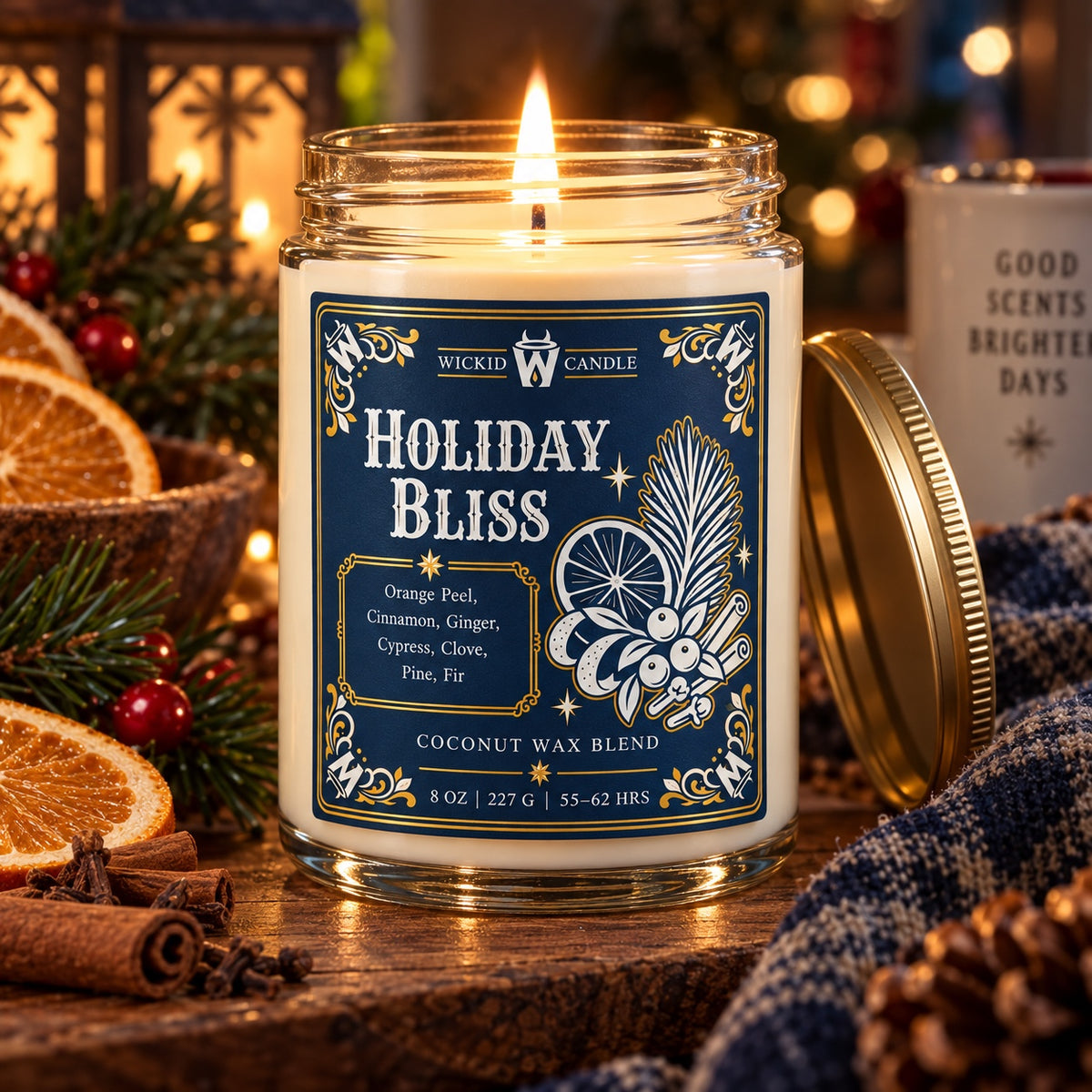 Wickid Holiday Bliss candle lit in a festive winter setting