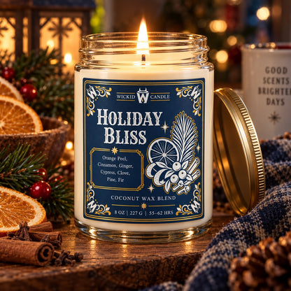 Wickid Holiday Bliss candle lit in a festive winter setting
