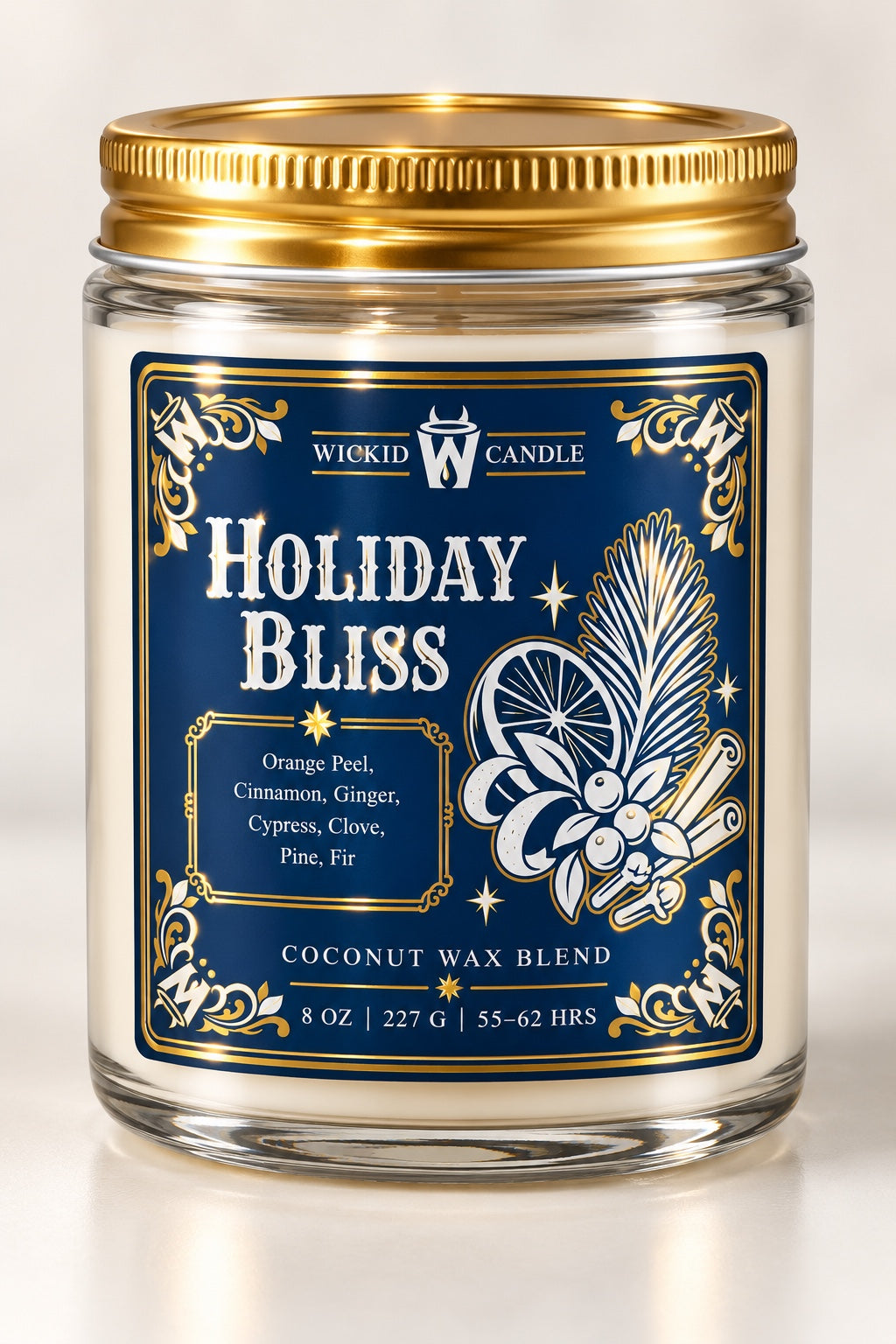 Wickid Holiday Bliss candle with gold lid on a clean cream background