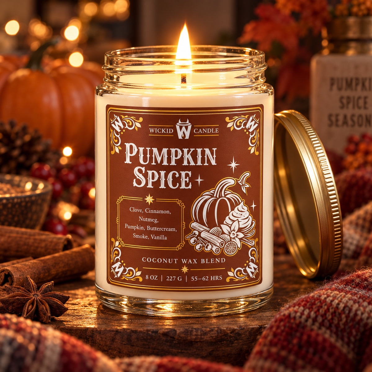 Wickid Pumpkin Spice candle lit in a warm autumn setting