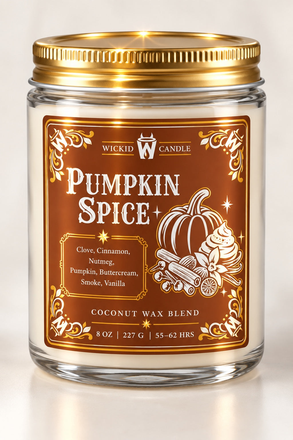 Wickid Pumpkin Spice candle with gold lid on a clean cream background